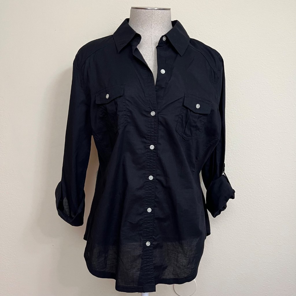 Old Navy Black Long Sleeve Button-Up Shirt With Roll Tab Sleeves Size Large